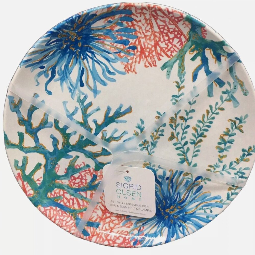 x4 Sigrid Olsen Coral Reef Melamine Dinner Plate Set Ocean Sea Anemone Teal Blue